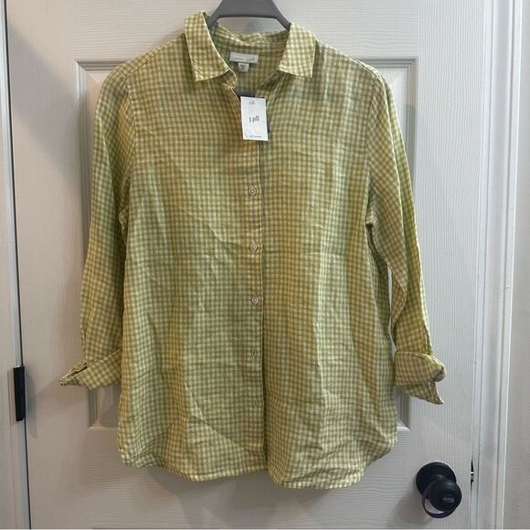 J Jill Love Linen Green White Checkered Button Long Sleeve 100% linen size XS - Picture 1 of 7